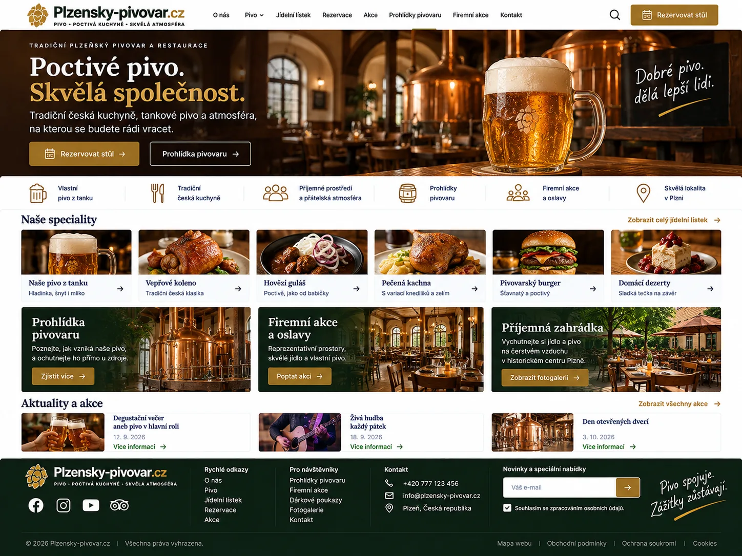 Ilustrační návrh pivovarského webu v tmavě zelené, zlaté a krémové s restaurací a pivními tanky